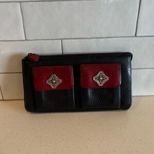 Brighton Small Wristlet Black Red  Pebbled Leather Card Organizer Purse Wallet